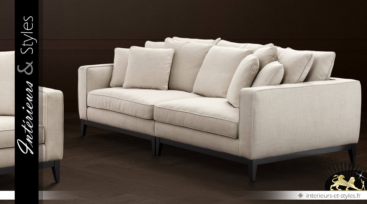 Canapé contemporain coloris lin naturel et noir bois massif et tissu Panama 248 cm