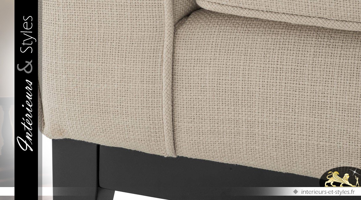 Canapé contemporain coloris lin naturel et noir bois massif et tissu Panama 248 cm