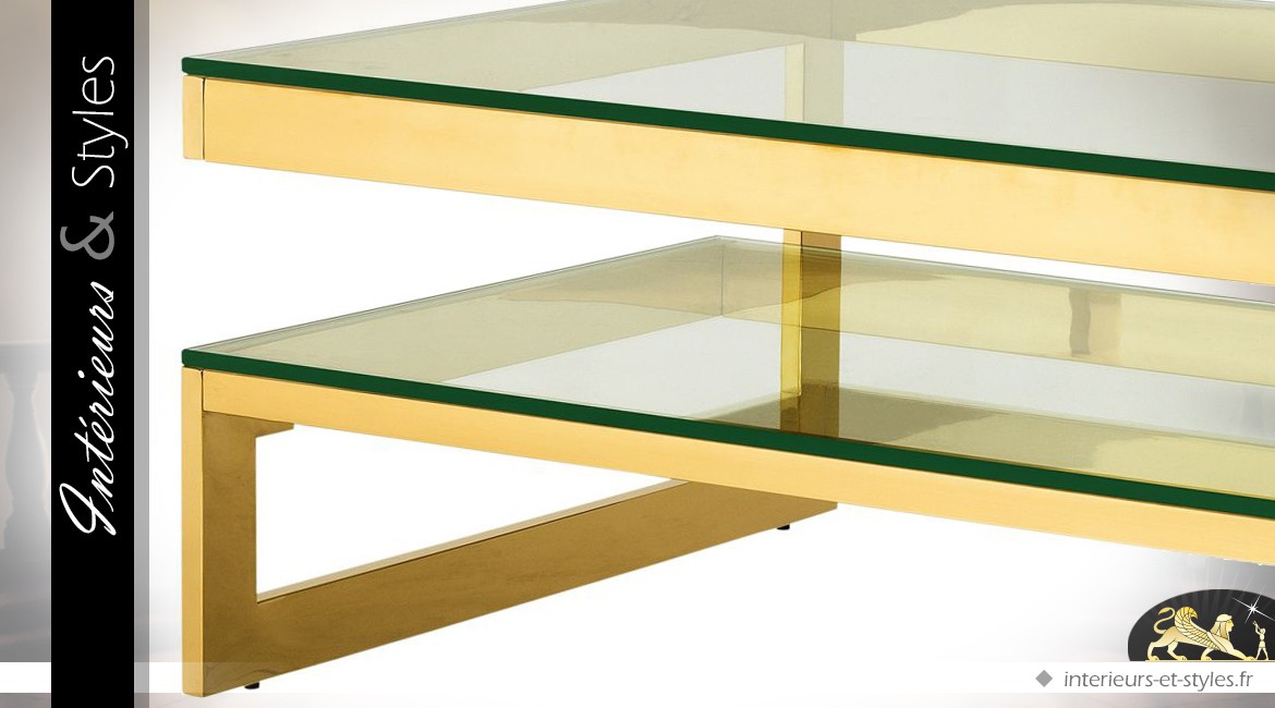 Table basse à 2 plateaux superposés en inox poli finition or et verre trempé 150 cm