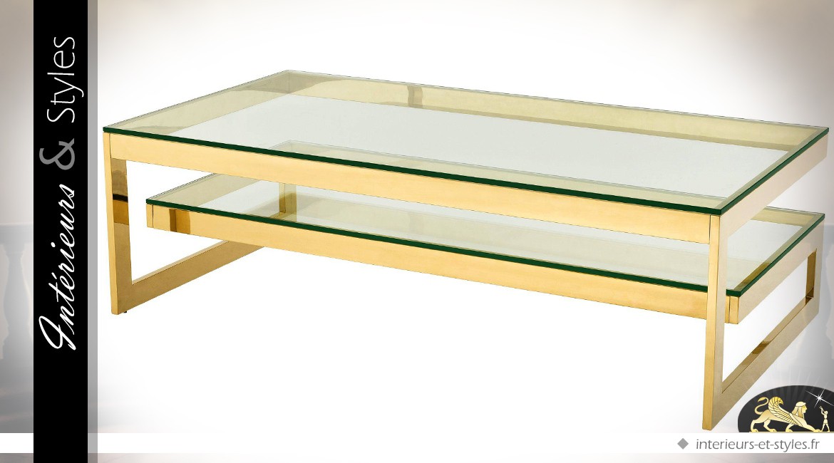 Table basse à 2 plateaux superposés en inox poli finition or et verre trempé 150 cm