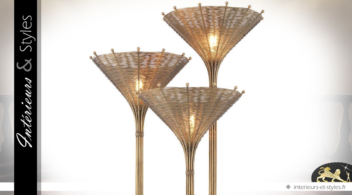 Lampadaire triple en laiton brossé doré effet rotin tressé style exotique 197 cm