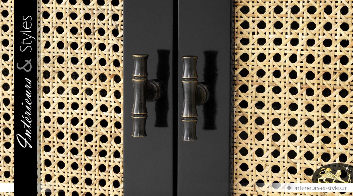 Enfilade à 4 portes de style exotique patine noire avec portes cannées 200 cm