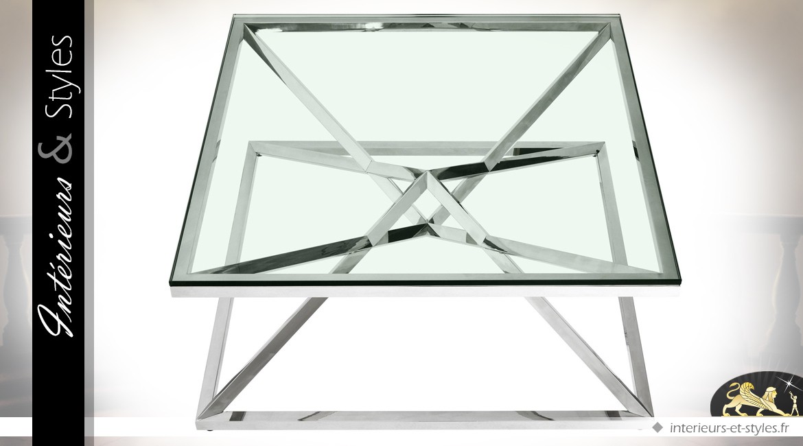 Table basse carrée design géométrique pyramide argentée 100 x 100 cm
