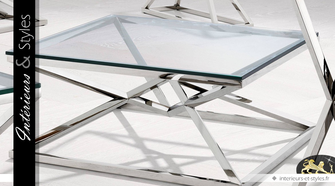 Table basse carrée design géométrique pyramide argentée 100 x 100 cm