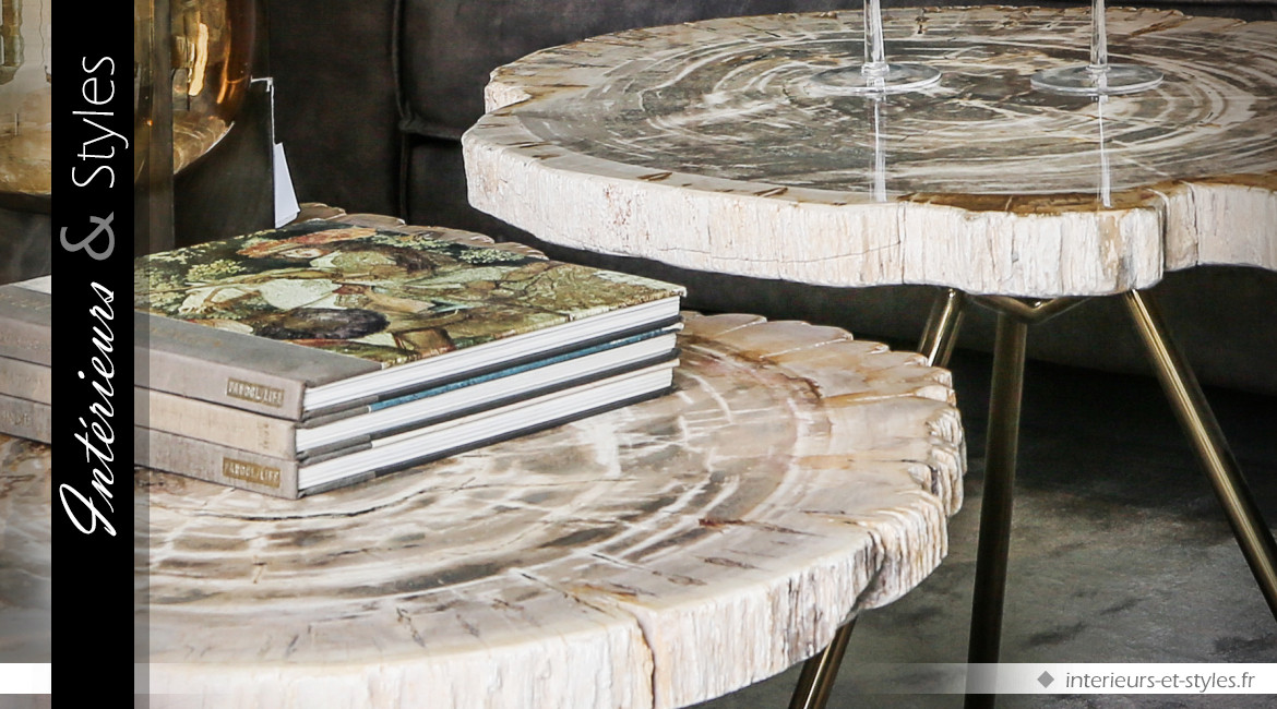 Série de trois tables basses en bois pétrifié coloris clair (60 cm)