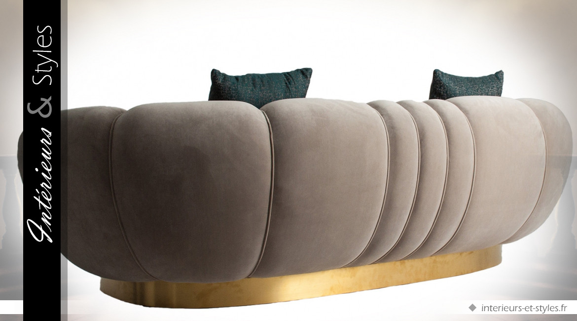 Canapé en velours gris grège style Art Déco formes arrondies 255 cm