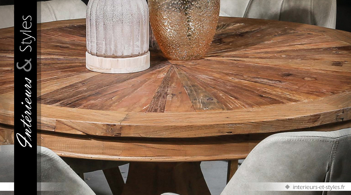Grande table ronde rustique en orme recyclé avec pied central en balustre Ø 135 cm