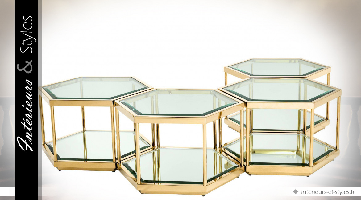 Ensemble de 4 tables basses design hexagonales dorées Eichholtz