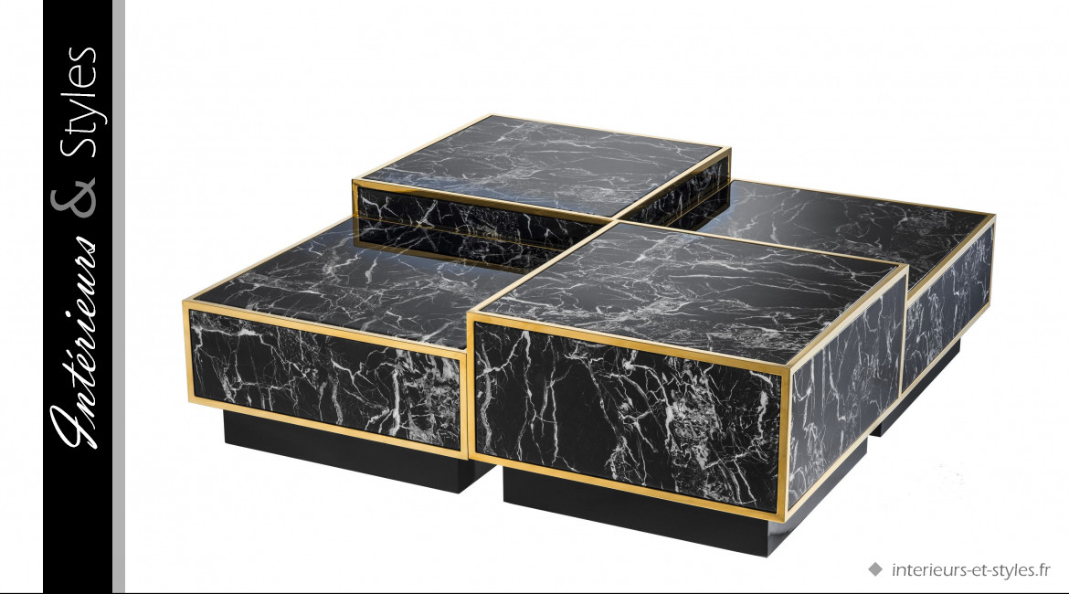 Tables basses Concordia signées Eichholtz, ensemble modulaire effet marbre noir et laiton doré