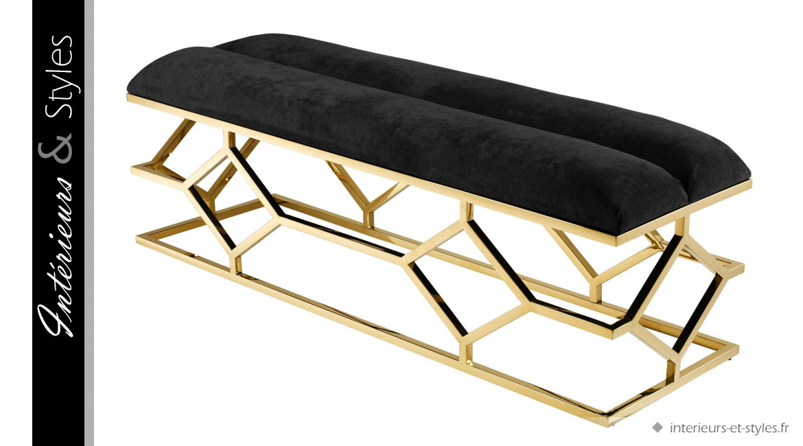 Banquette design Trellis signée Eichholtz, en acier chromé doré et assise velours noir profond