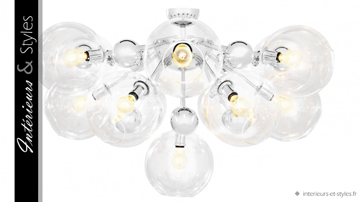 Plafonnier design Soleil signé Eichholtz, treize sphères de verre cristalin et métal finition nickelée
