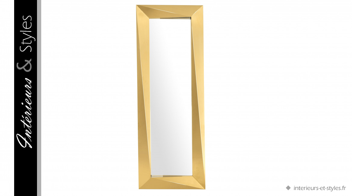Miroir design Rivoli signé Eichholtz, rectangulaire, en acier chromé doré, ambiance Art Déco
