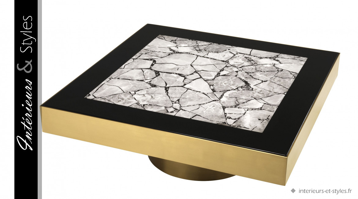 Table basse design Tatler signée Eichholtz, en acier finition laiton doré et plateau effet marbre