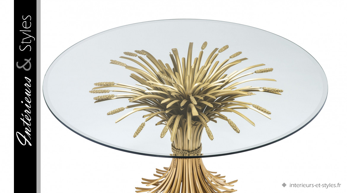 Table de salle à manger design Bonheur signée Eichholtz, base en gerbe de blé et plateau en verre