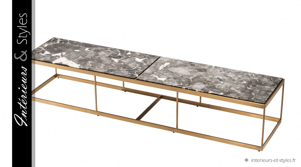 Table basse La Quinta signée Eichholtz, de 190 cm, en acier finition laiton et en marbre gris véritable