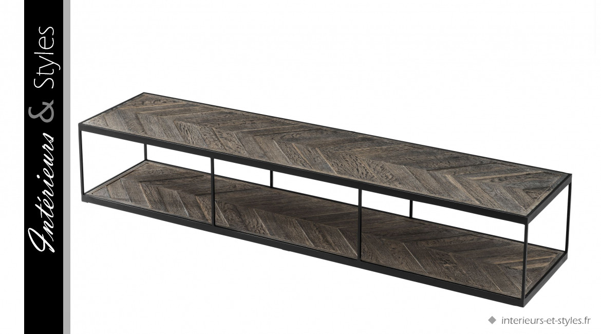 Table basse La Varenne signée Eichholtz, 190cm de long esprit atelier en chêne et acier