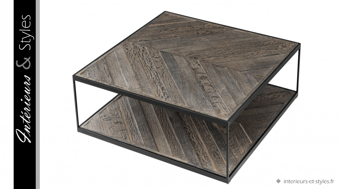 Table basse La Varenne signée Eichholtz, forme carrée en bois de chêne et acier