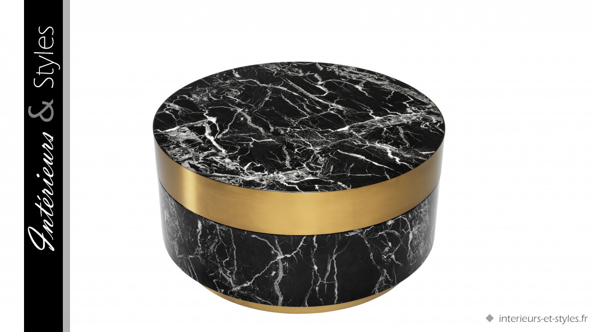 Table basse design Caron signée Eichholtz, effet marbre noir veiné blanc et laiton doré brossé