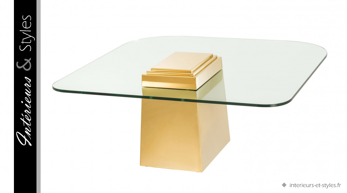 Table basse design Orient signée Eichholtz, en acier massif finition dorée et plateau en verre épais