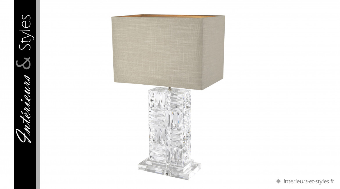 Lampe de salon Contemporary signée Eichholtz, bloc de verre ciselé et abat-jour en lin naturel
