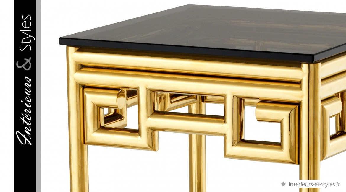 Table colonne design Niagora signée Eichholtz, en acier chromé doré brillant et verre fumé noir intense