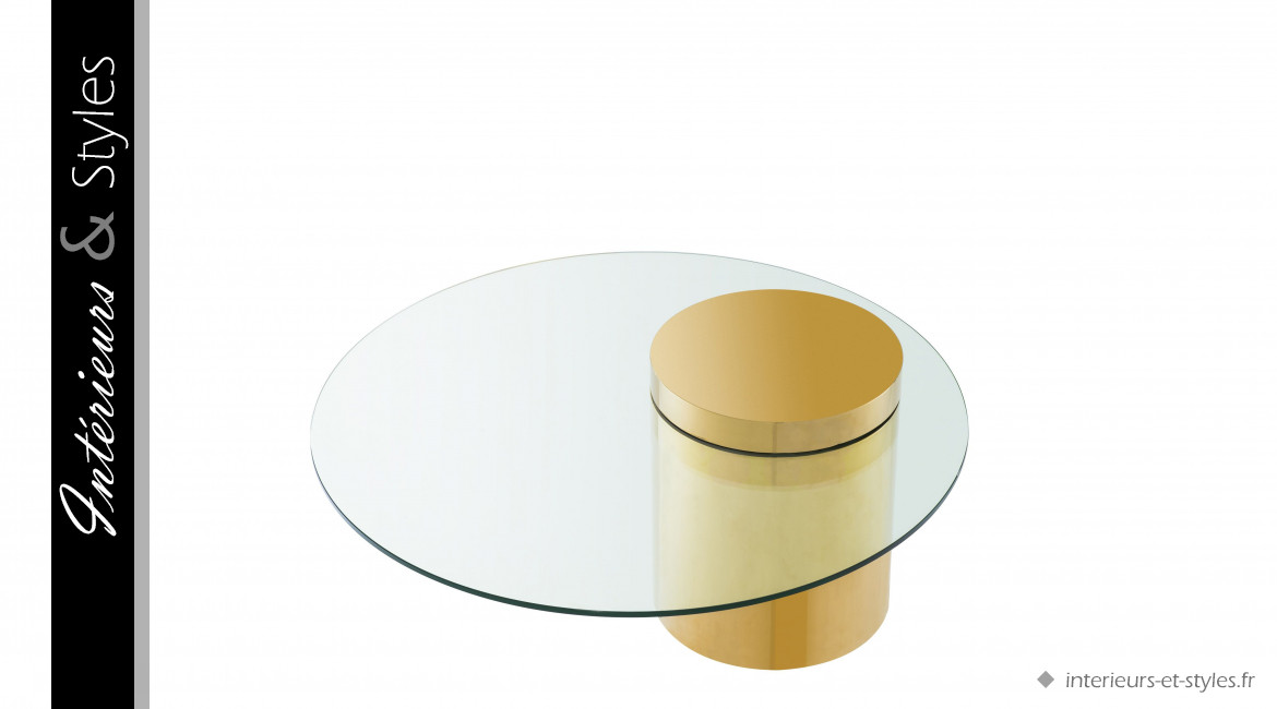 Table basse design Equilibre signée Eichholtz, en acier doré et verre trempé