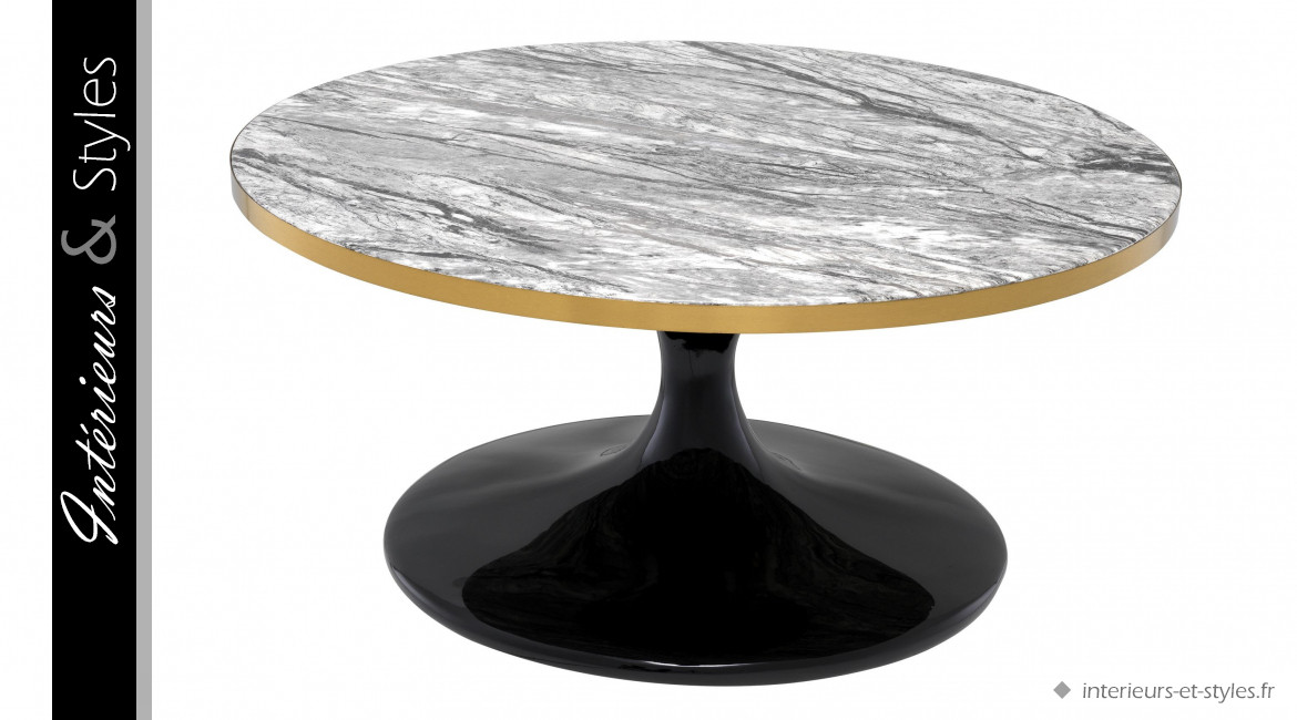 Table basse Parme signée Eichholtz, base en métal laqué noir et plateau effet marbre de  couleur blanc