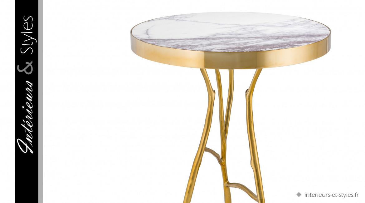 Table d'appoint Veritas signée Eichholtz, en acier chromé doré et marbre blanc