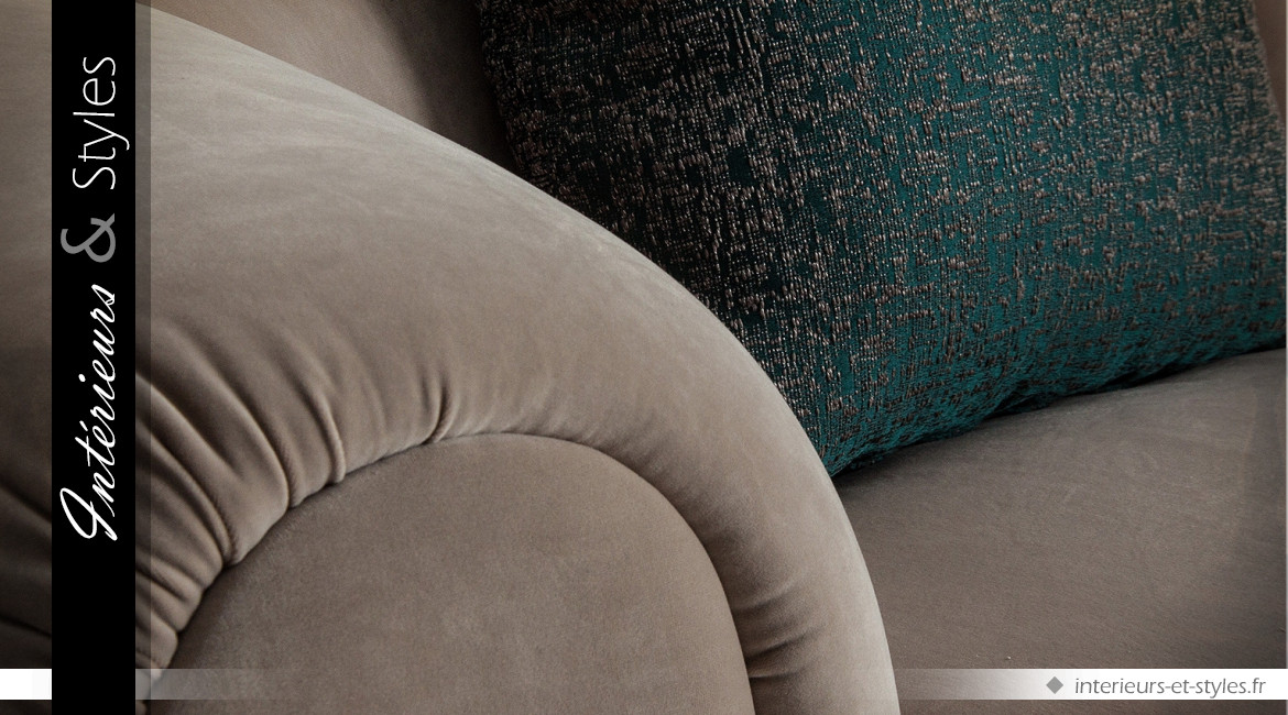 Canapé en velours gris grège style Art Déco formes arrondies 255 cm