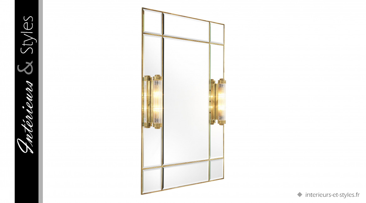Miroir Beaumont signé Eichholtz, en acier doré avec appliques intégrées, ambiance Art Déco