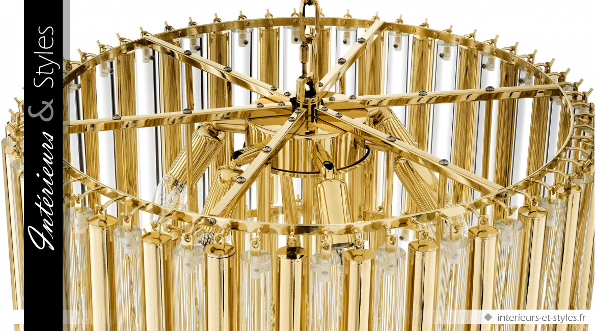 Lustre design Gigi L signé Eichholtz, en métal doré et tubes de verre
