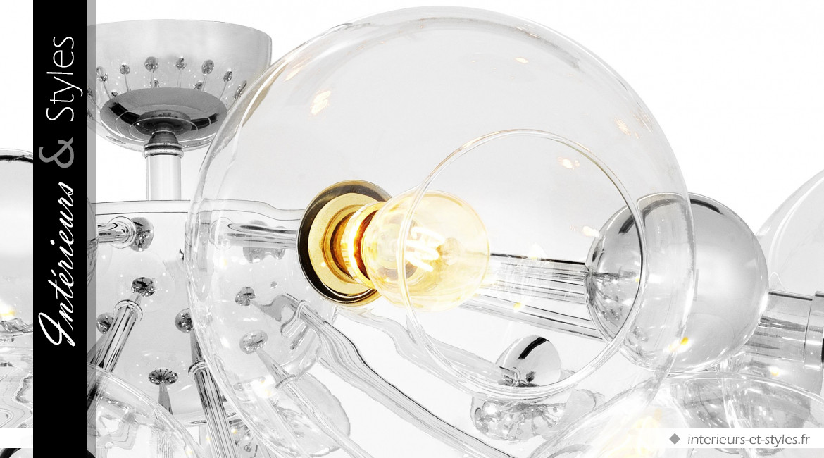 Plafonnier design Soleil signé Eichholtz, treize sphères de verre cristalin et métal finition nickelée