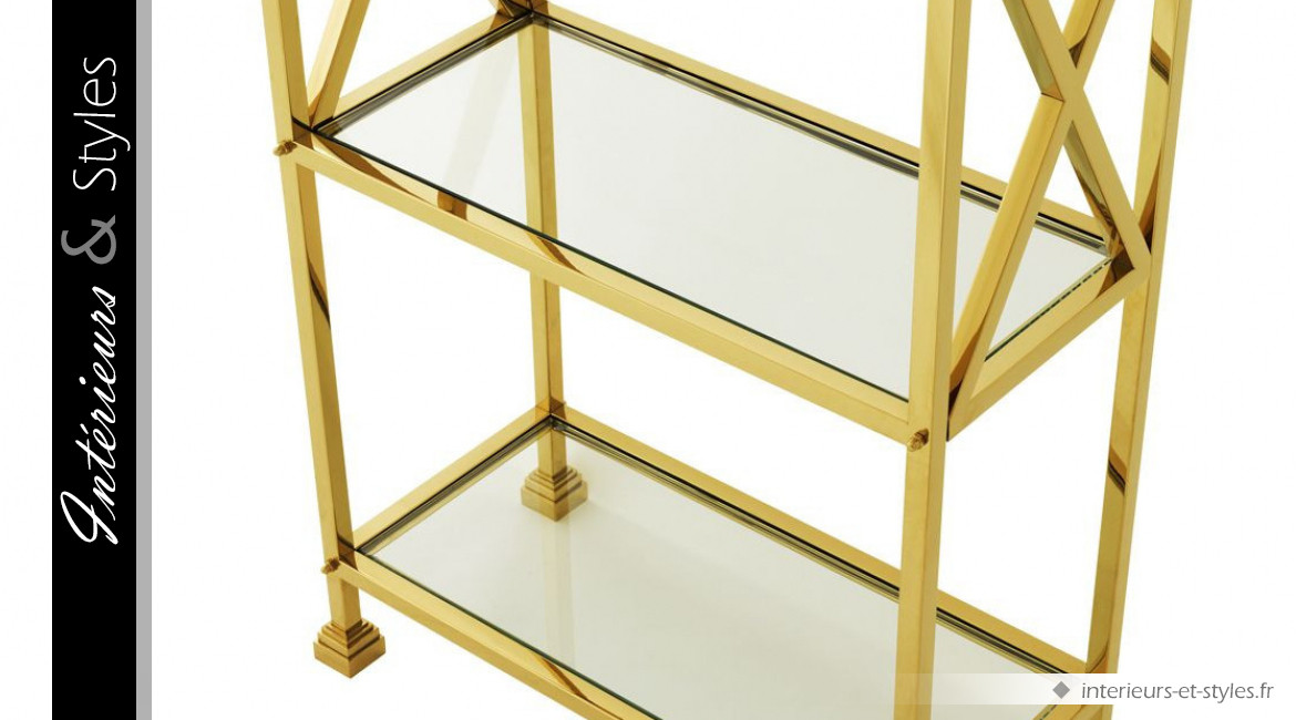 Bibliothèque design Golden Delmar signée Eichholtz, en acier doré brillant et étagères en verre épais transparent