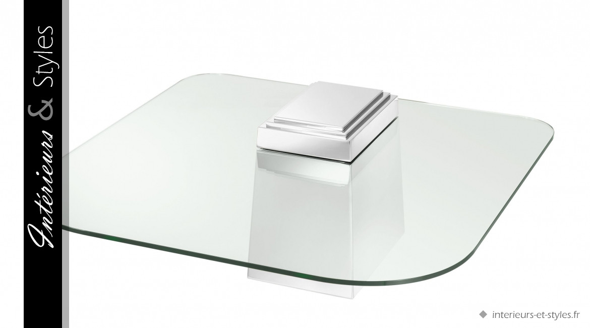 Table basse design Orient signée Eichholtz, en acier finition argentée et verre épais