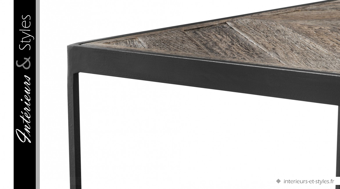 Table d'appoint La Varenne signée Eichholtz, forme carrée en acier et placage de chêne foncé