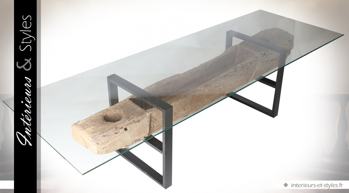 Grande table 320 cm de style ethnique et indus en bois, métal et verre