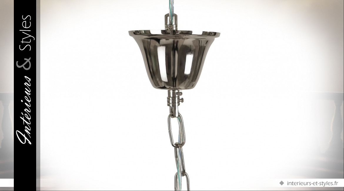 Grande lanterne suspendue en métal chromé et verre style Empire 4 feux 70 cm