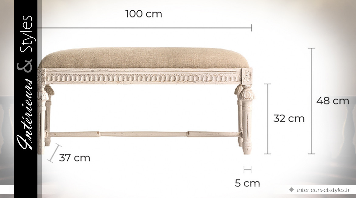 Bout de lit Chambord patine blanche vieillie et tapisserie en lin écru 100 cm