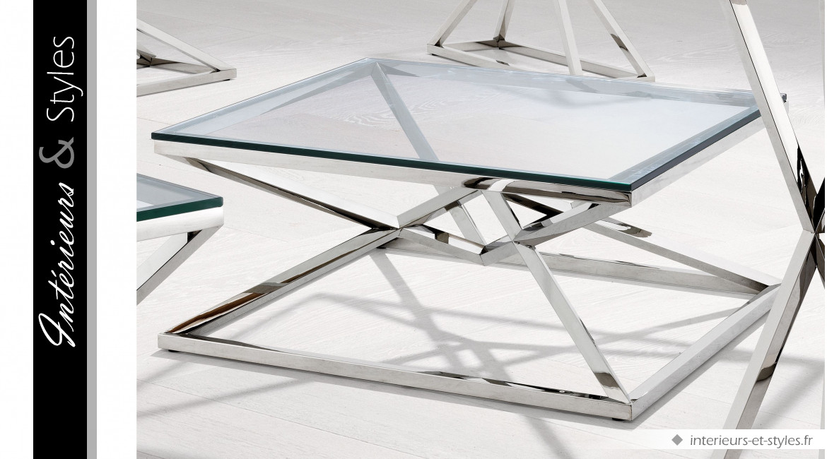 Table basse design Connor signée Eichholtz, forme carrée en acier finition nickelée et plateau en verre épais