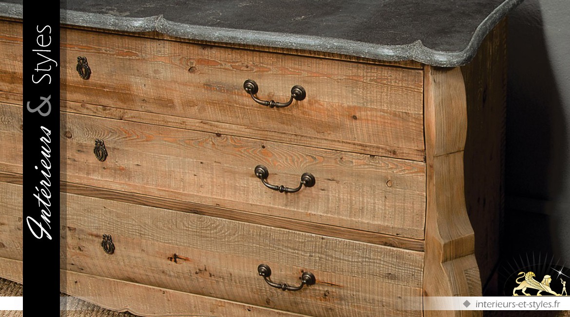 Commode rétro à 3 tiroirs en bois vieilli et plateau de pierre gris ardoise 180 cm