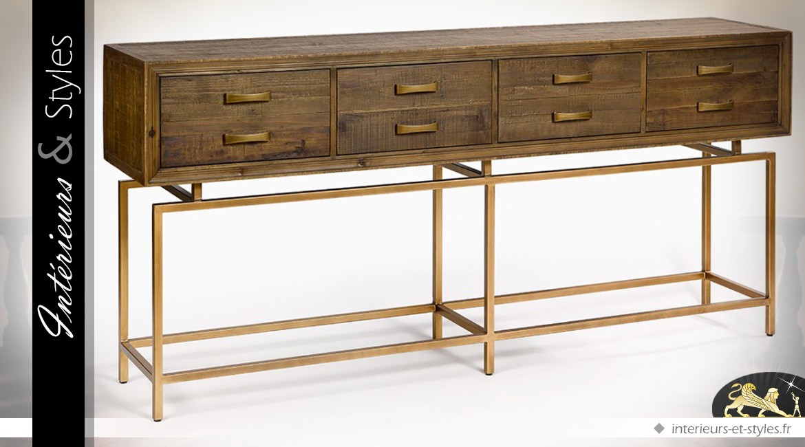 Grande console design industriel bois et métal doré 8 tiroirs 180 cm