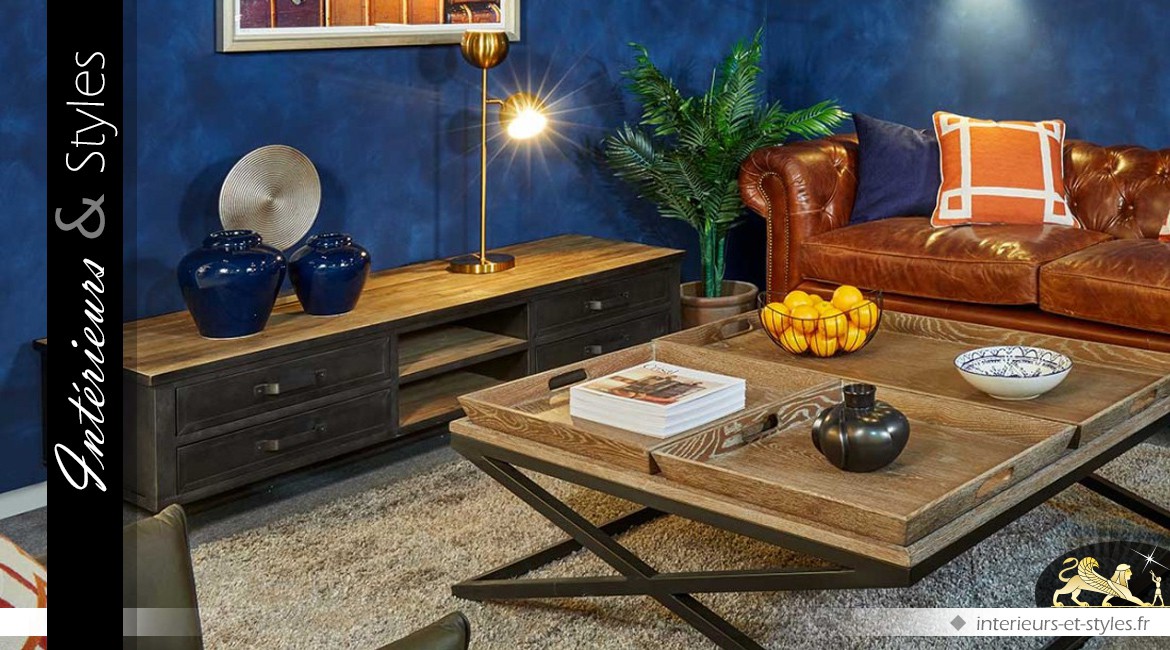 Grand meuble TV de style industriel en bois et métal 180 cm