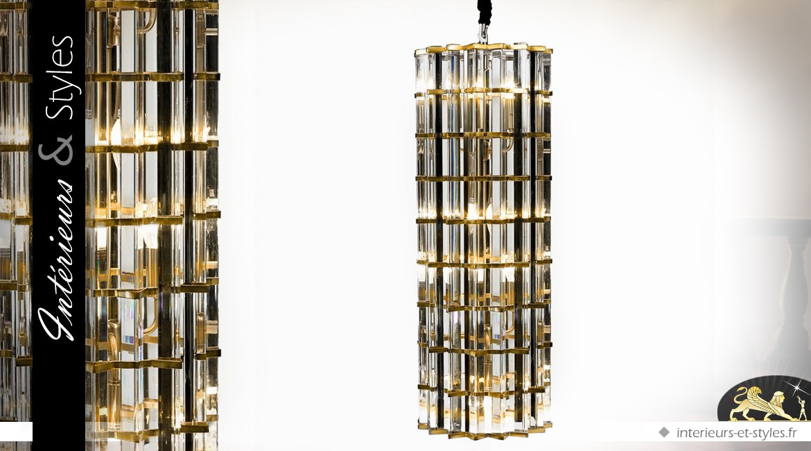 Suspension cylindrique design en verre multifacettes et métal doré 86,5 cm