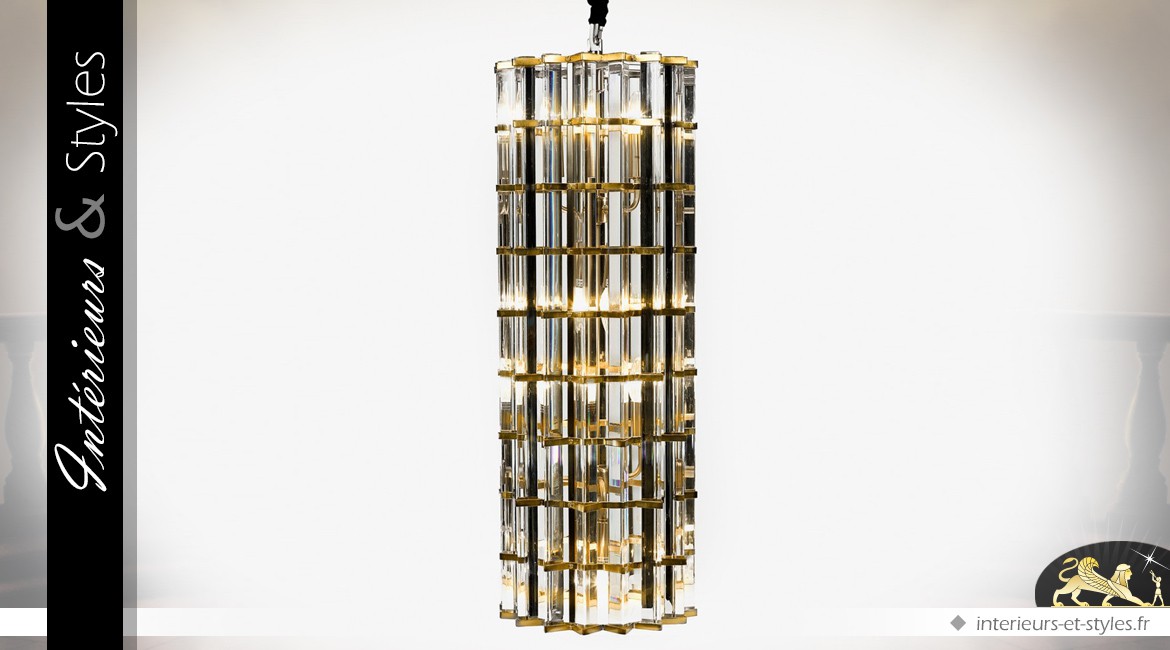 Suspension cylindrique design en verre multifacettes et métal doré 86,5 cm