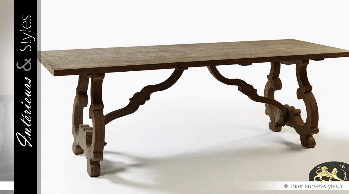 Table de salle à manger en chêne massif gris avec piètement en lyres 230 cm