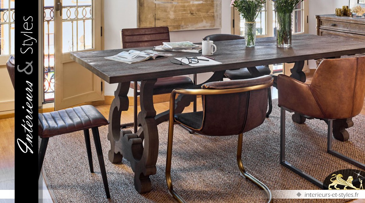 Table de salle à manger en chêne massif gris avec piètement en lyres 230 cm
