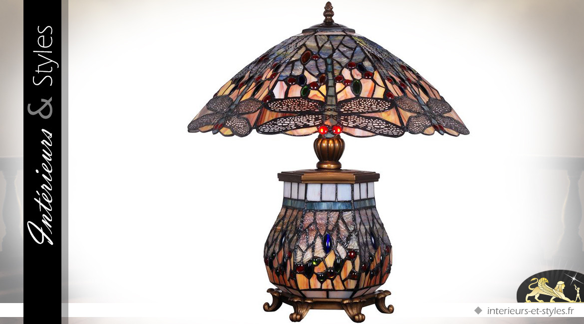Lampe de style Tiffany Saphirs et libellules 56 cm
