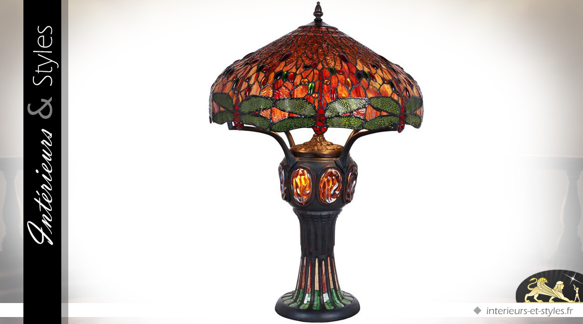 Grande lampe de style Tiffany Libellules de feu 83 cm