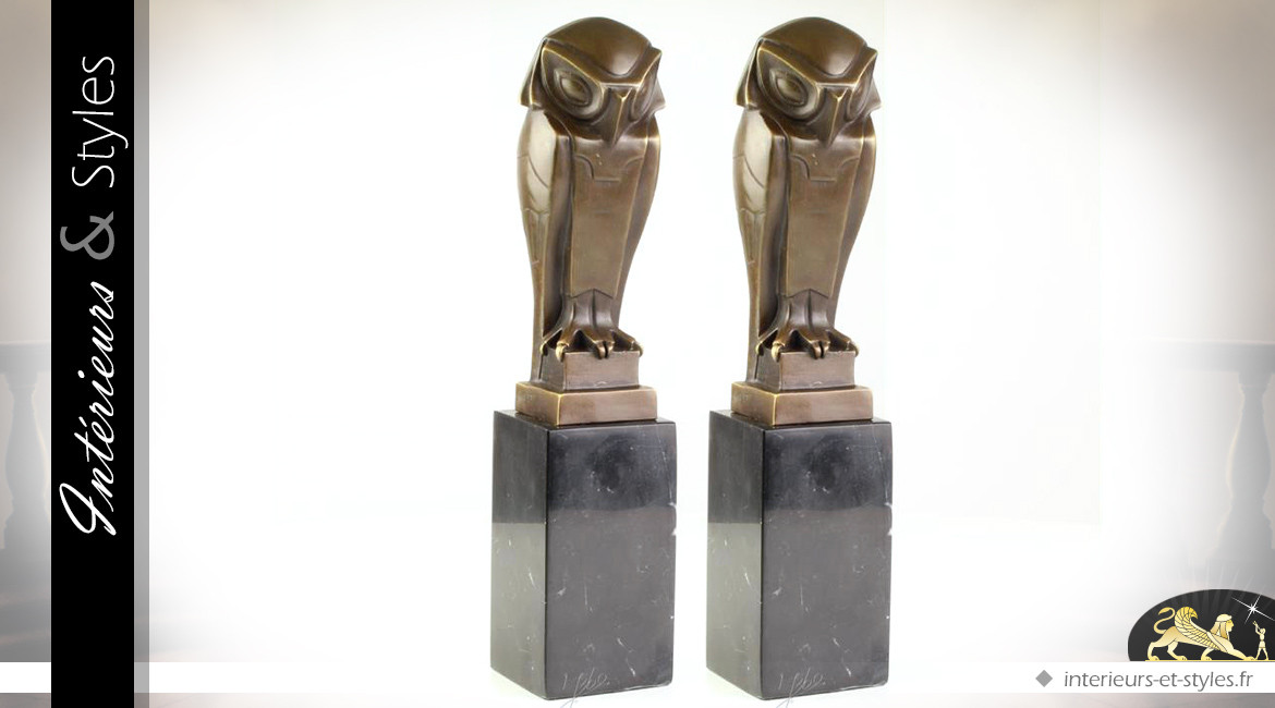 Duo de sculptures en bronze inspiration Egypte Antique les Hiboux 32,7 cm