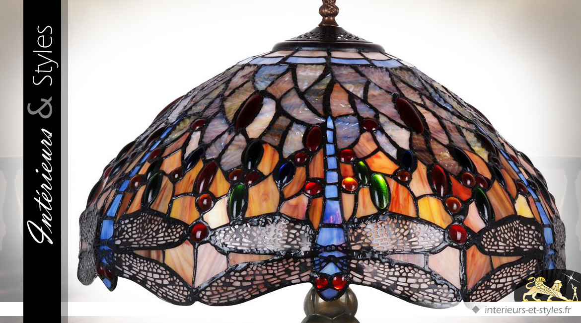 Lampe Tiffany Les libellules dôme 42 cm pied en métal finition bronze 62 cm